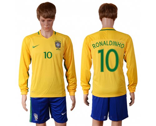 Brazil #10 Ronaldinho Home Long Sleeves Soccer Country Jersey - Click Image to Close